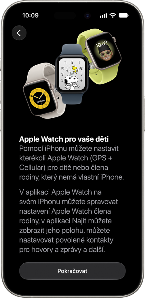 Obrazovka Nastavení Apple&nbsp;Watch pro dítě s&nbsp;možností pokračovat v&nbsp;nastavování.
