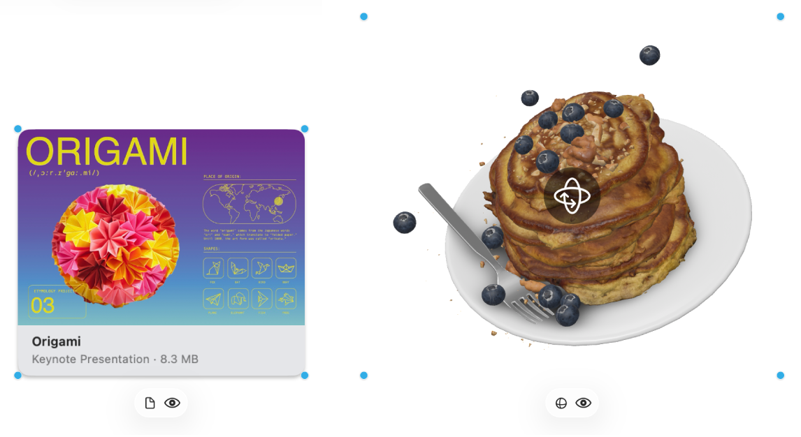 A Keynote file and a 3D object are selected, and the formatting tools are visible.