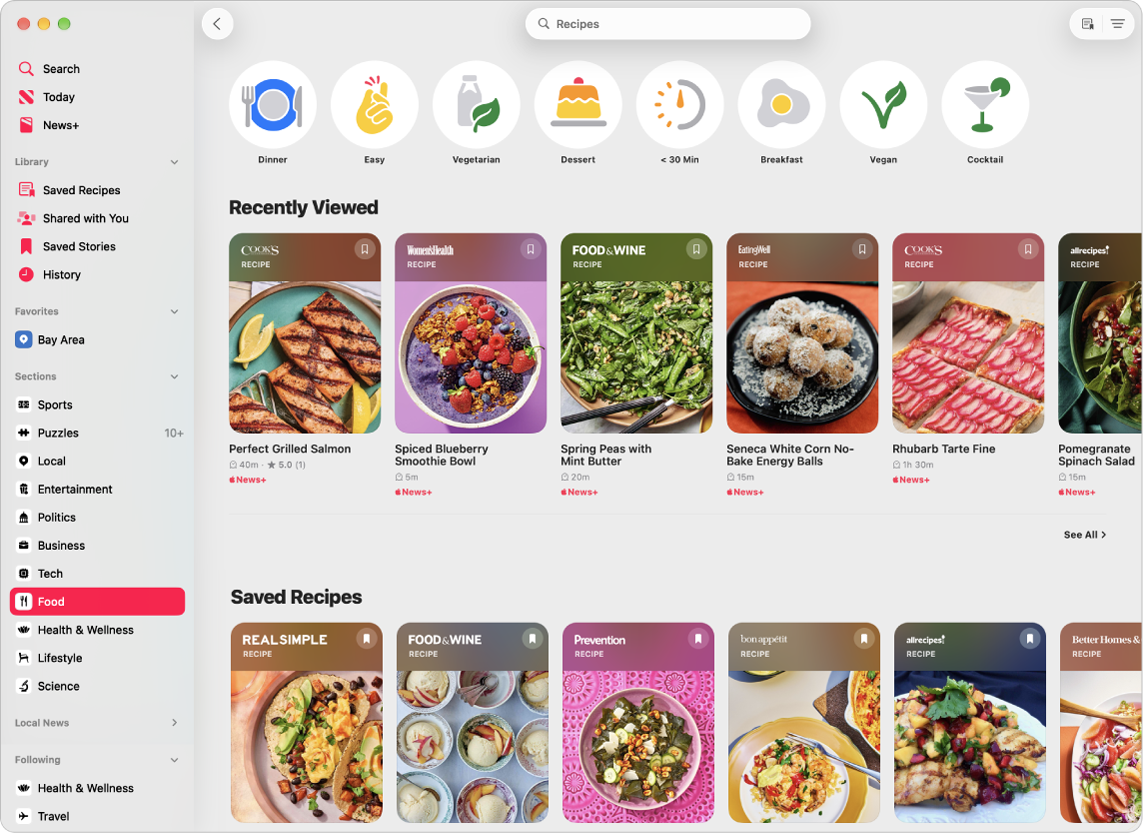 The Apple News+ window showing the Recipe Catalog.