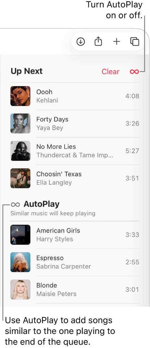 The Up Next queue at the top of Apple Music showing the Clear and AutoPlay buttons. AutoPlay is turned on.