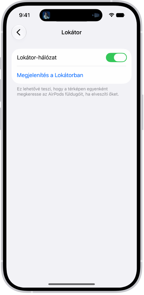 Bluetooth-beállítások egy iPhone-on az AirPods&nbsp;Próhoz elérhető opciókkal. A Lokátor-hálózat funkció be van kapcsolva, amely segítségével egyenként is megkeresheti az elveszett fülhallgatót a térképen.