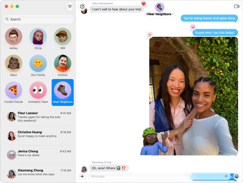 The Messages window with several conversations listed in the sidebar on the left, and an active conversation on the right. The conversation includes a photo with a sticker and Tapbacks on a few messages.