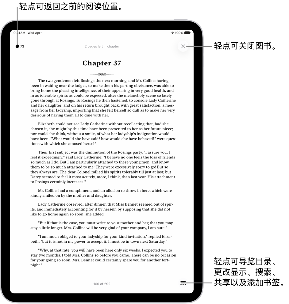 “图书” App 中的图书页面。屏幕顶部是用于返回开始阅读的页面和关闭图书的按钮。屏幕右下方是“菜单”按钮。