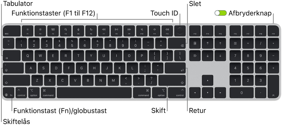 Magic Keyboard med Touch ID og numerisk blok, som viser rækken med funktionstaster og Touch ID øverst samt Funktionstasten (Fn)/globustasten nederst til venstre.