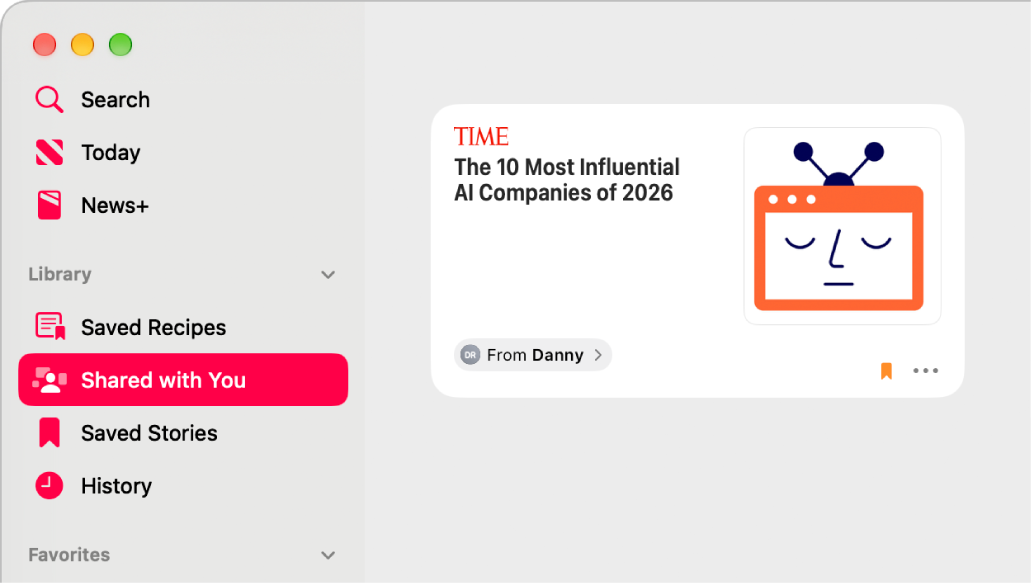 The Apple News window showing Shared with You selected in the sidebar and a shared story on the right.
