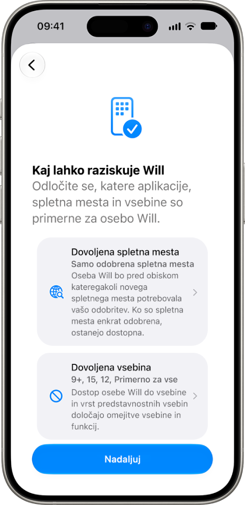 Zaslon za nastavitev starševskega nadzora, na katerem so prikazane možnosti za izbiro vrste vsebin, do katerih je mogoče dostopati, kot so aplikacije in spletna mesta.