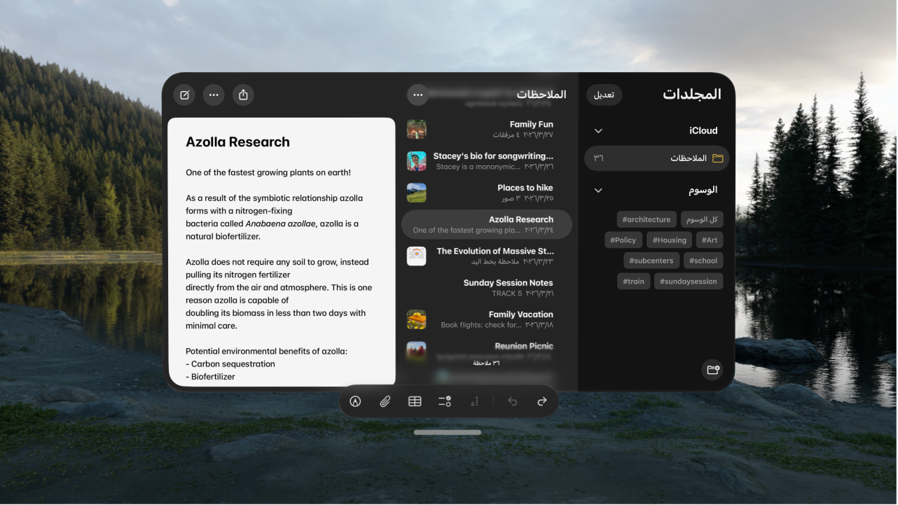 عرض مستخدم على Apple&nbsp;Vision&nbsp;Pro. تكون نافذة التطبيقات مرئية، وتظهر بيئة في الخلفية.
