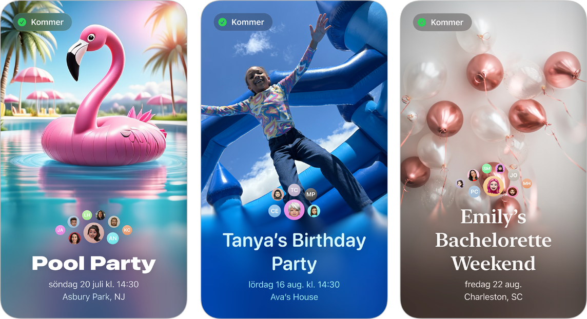 Tre inbjudningar från Apple-inbjudningar. Var och en har bakgrundsbild, namn, datum, tid och plats.