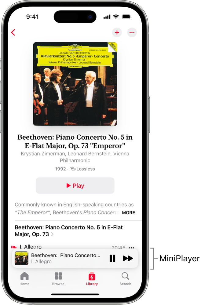 An iPhone showing the MiniPlayer in Apple Music Classical. At the top of the screen is album art, the name of the work, and a Play button. The MiniPlayer is near the bottom of the screen. Below the MiniPlayer are the Home, Browse, Library, and Search buttons.