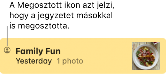 Egy jegyzet, amelyet megosztottak másokkal, a jegyzet nevétől balra a Megosztott ikonnal.