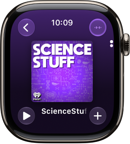 A Podcasts screen showing an episode with the Back, Play, More Options, and Audio Output buttons.