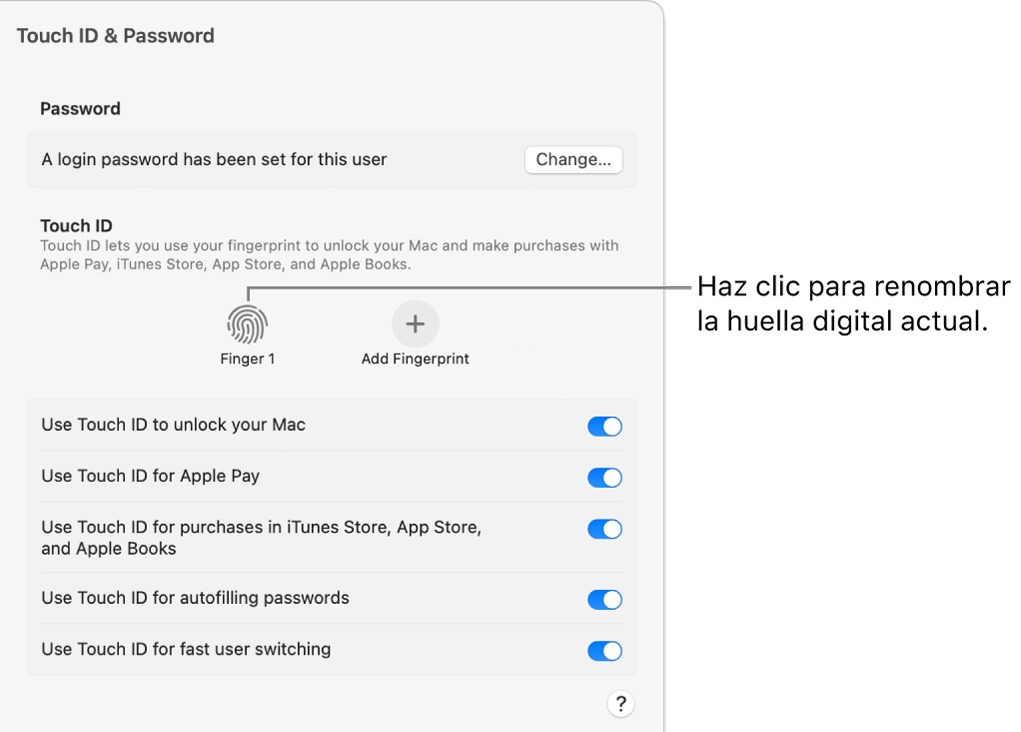 El panel de ajustes de “Touch&nbsp;ID y contraseña”, mostrando que ya está lista una huella dactilar y puede utilizarse para desbloquear el Mac.