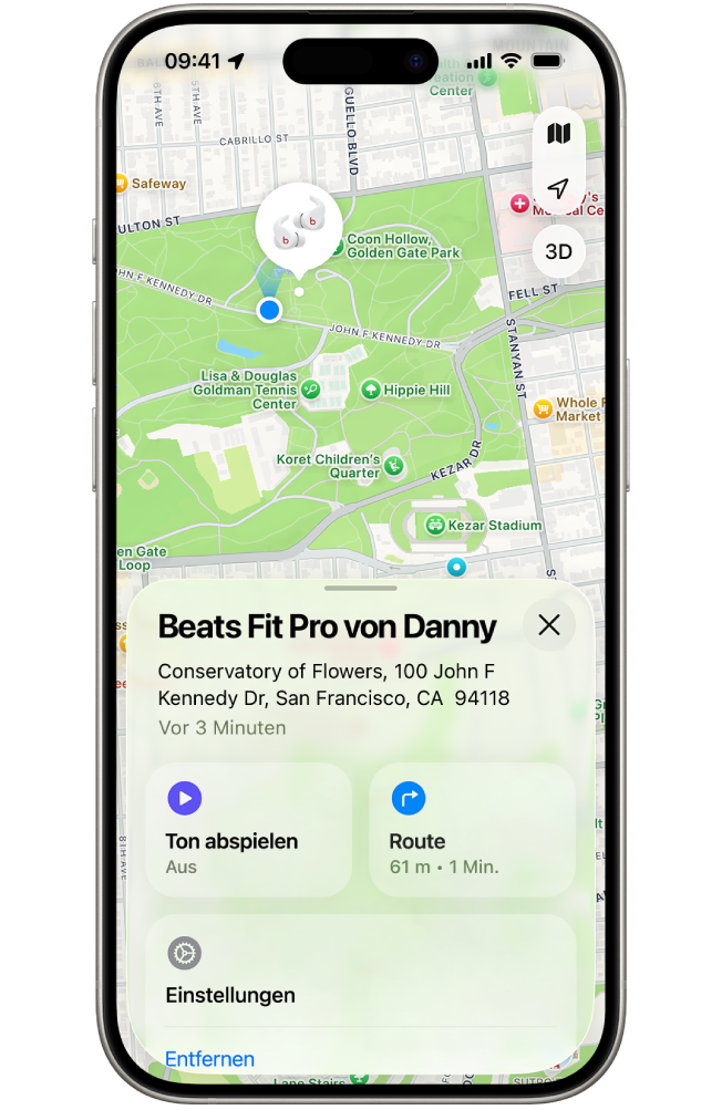 Der Bildschirm der App „Wo ist?“ auf dem iPhone zeigt den Standort der Beats&nbsp;Fit&nbsp;Pro auf einer Karte von San Francisco.