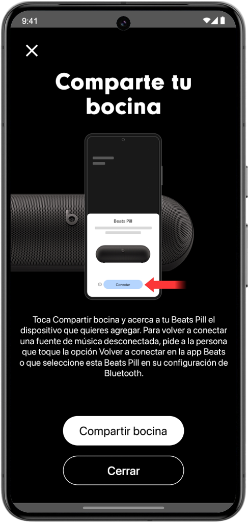 La pantalla Comparte tu bocina de la app&nbsp;Beats mostrando los botones Compartir bocina y Cerrar.