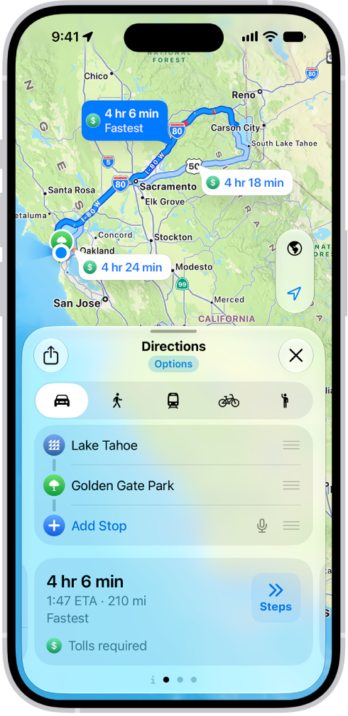 An iPhone showing a map with several driving route options to the same destination. Each route shows the estimated time and distance, and a Go button to start turn-by-turn directions. Color coding on each route indicates traffic conditions.