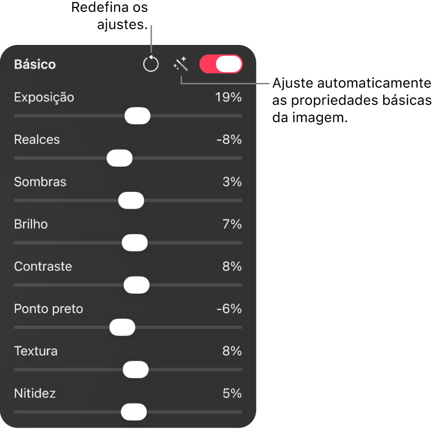 Seção Básica do painel Ajustes de Cor mostrando controles deslizantes para Exposição, Altas-luzes, Sombras, Brilho e outros.