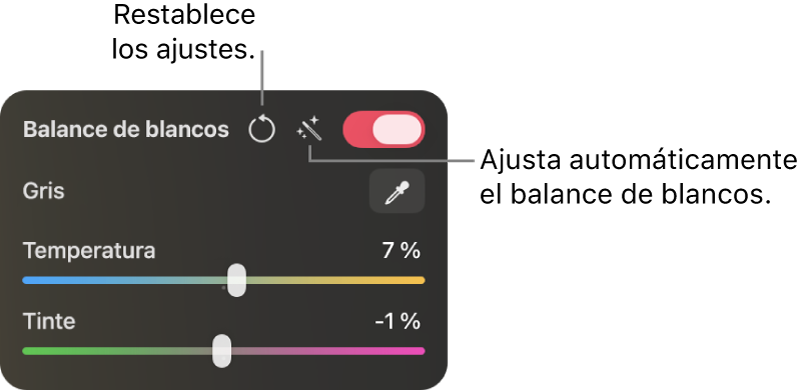 Los controles de balance de blancos en el panel “Ajustes de color”.