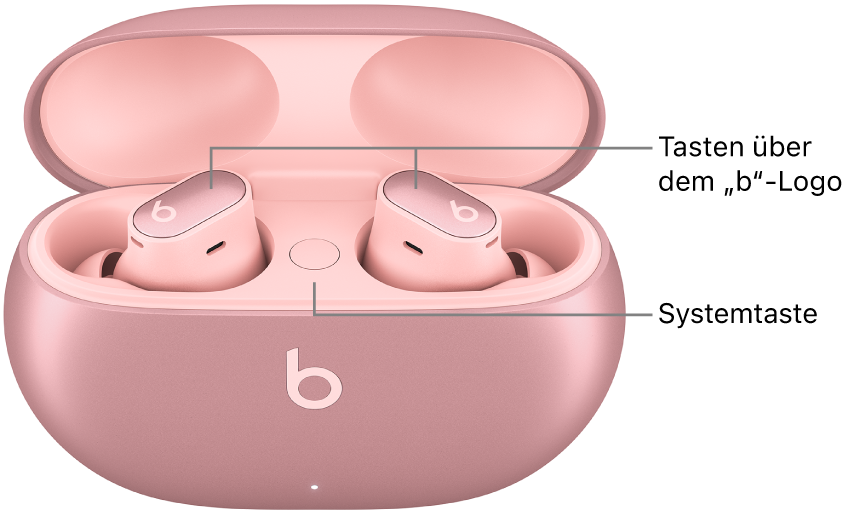 Eine Abbildung der Beats&nbsp;Studio&nbsp;Buds&nbsp;+, auf der die Position der Tasten über dem „b“-Logo auf den Ohrhörern sowie die Position der Systemtaste innerhalb des Ladecase dargestellt wird.