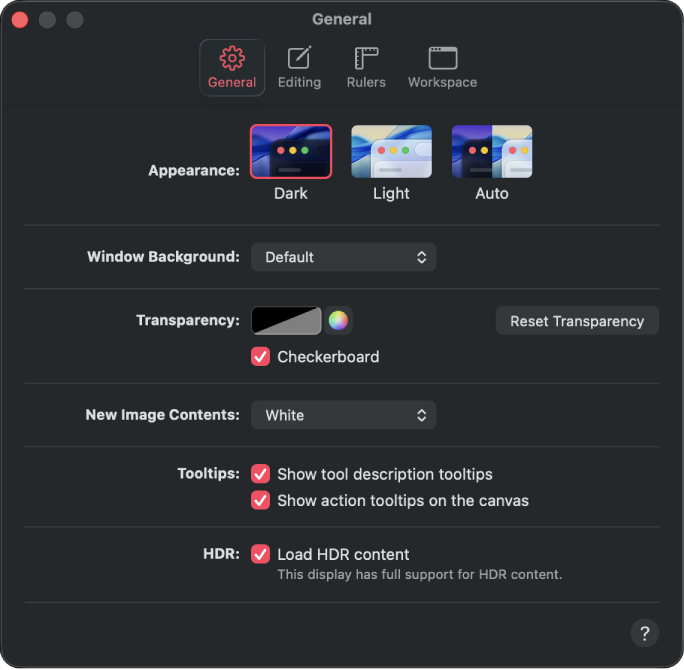 The General settings pane.