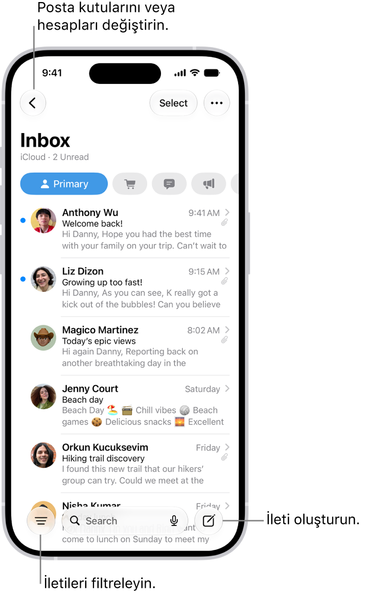 E-postaların listesini gösteren Mail Gelen Kutusu.