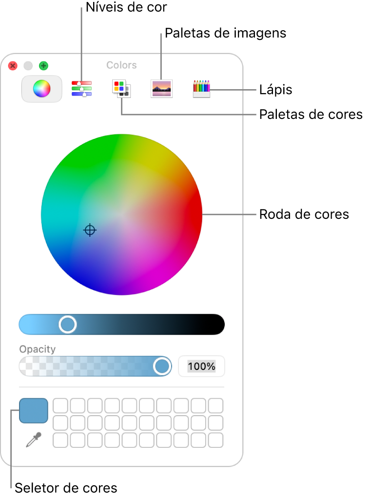 A janela Cores. Na parte superior da janela está a barra de ferramentas, que tem botões para os niveladores de cores, paletas de cores, paletas de imagens e lápis. No centro da janela encontra-se o seletor de cores. O seletor de cores encontra-se na parte inferior esquerda.