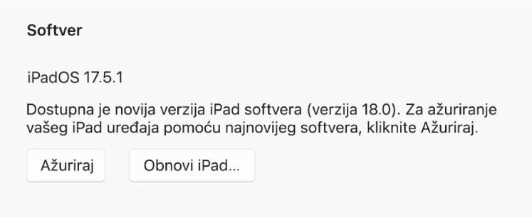 Tipka “Ažuriraj” pojavljuje se pokraj tipke “Obnovi uređaj”.