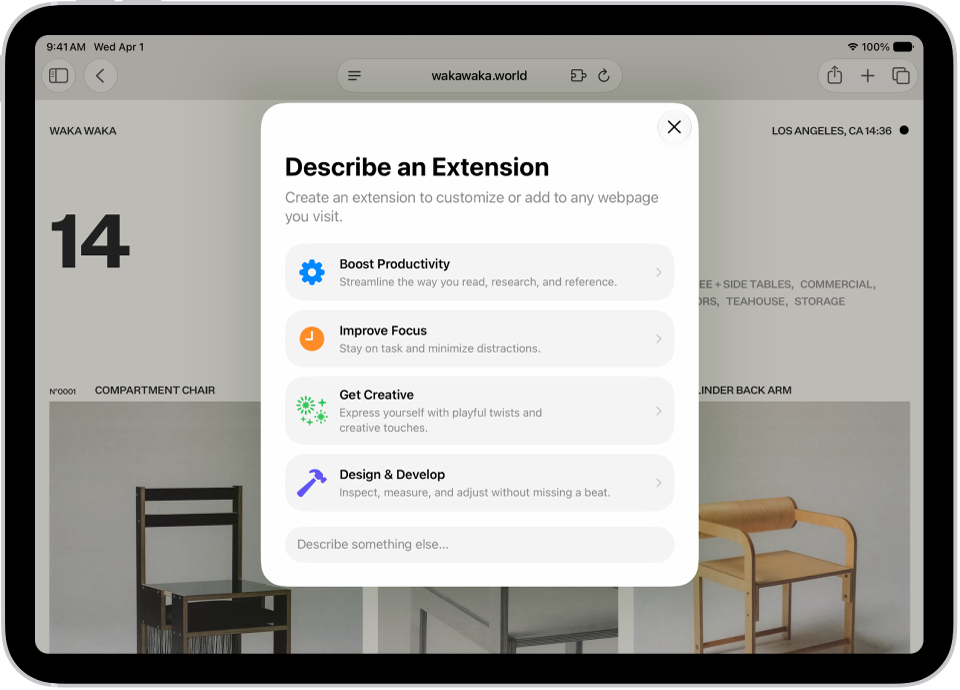 Safari window showing Describe an Extension options.