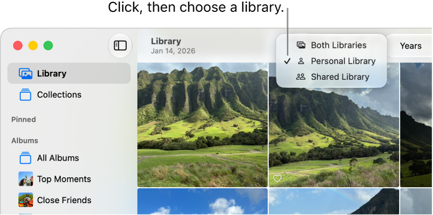 The top-left area of the Photos window, showing the sidebar and Library pop-up menu in the toolbar.