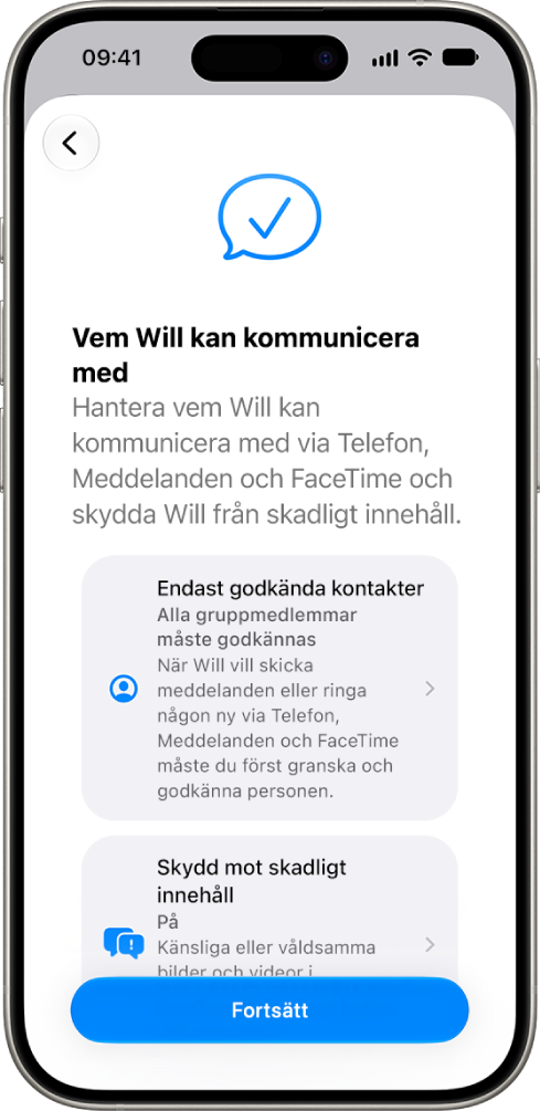 Inställningsskärmen för föräldrakontroller där det finns alternativ för vem ett barn kan kommunicera med.