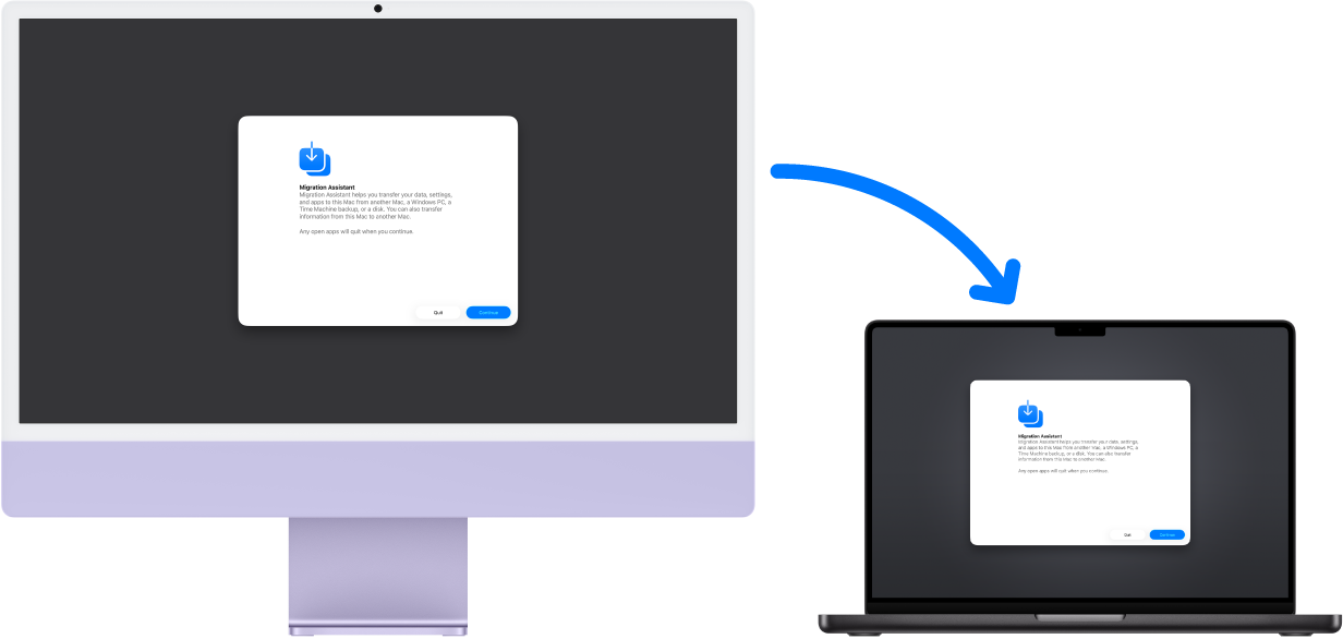 마이그레이션 지원 화면을 표시하는 iMac 및 MacBook&nbsp;Pro. iMac에서 MacBook&nbsp;Pro를 향하는 화살표는 한 기기에서 다른 기기로 데이터 전송을 의미함.