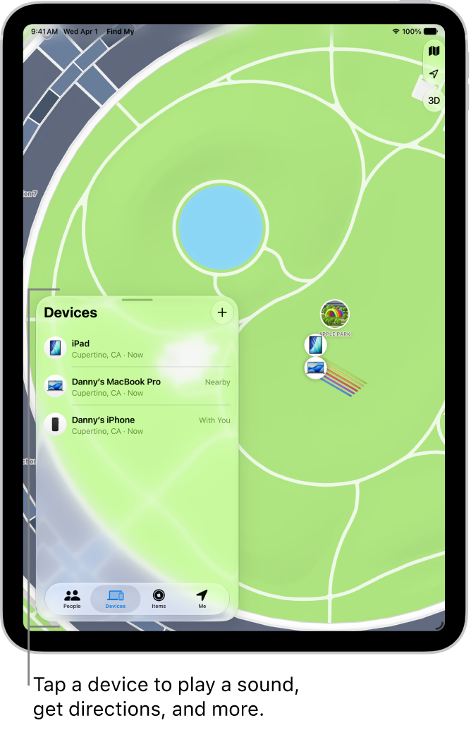 The Find My screen open to the Devices list. The devices listed include Danny’s iPad, Danny’s iPhone, Danny’s Apple Watch, and Danny’s AirPods Pro. Their locations are shown on a map near Santa Cruz.
