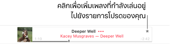 ด้านบนสุดของ Apple Music ที่มีเพลงกำลังเล่นอยู่ คลิกปุ่มรายการโปรดทางด้านขวาของชื่อเพลงเพื่อทำเครื่องหมายเพลงที่กำลังเล่นว่าเป็นรายการโปรด