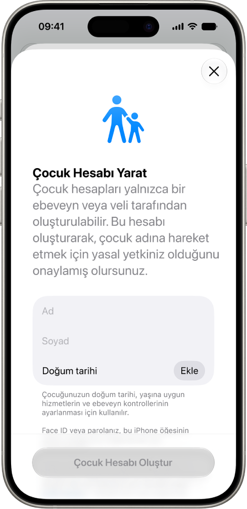 iPhone’daki Çocuk Hesabı Yarat ekranı.