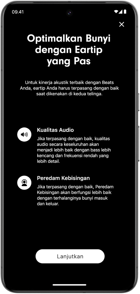 Layar perangkat Android yang menampilkan Tes&nbsp;Ukuran&nbsp;Eartip.
