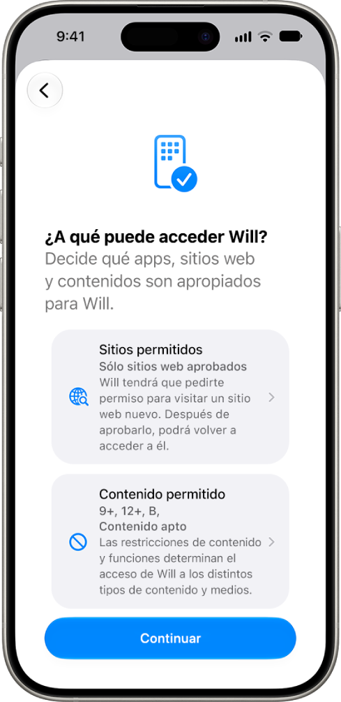 La pantalla de configuración de los controles parentales muestra opciones para el tipo de contenido al que se puede acceder, como apps y sitios web.
