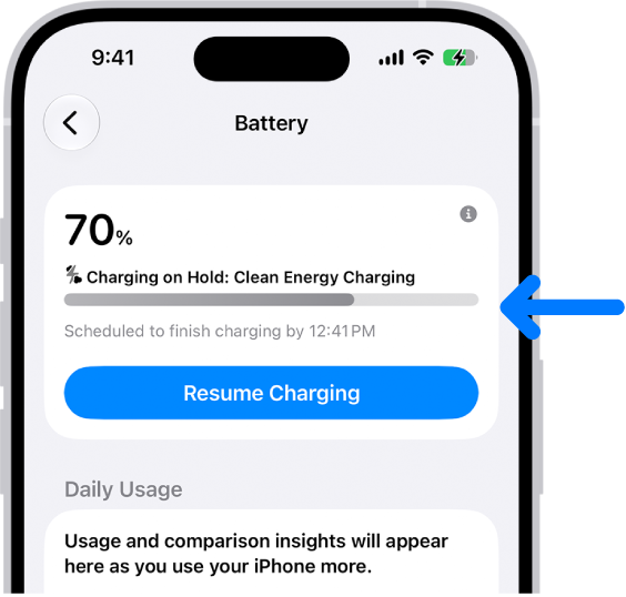 The charging information card in iPhone Battery settings. The card shows the battery at 70% with the message “Charging on Hold: Clean Energy Charging.” It is scheduled to finish by 12:41 PM, with an option to “Resume Charging.”