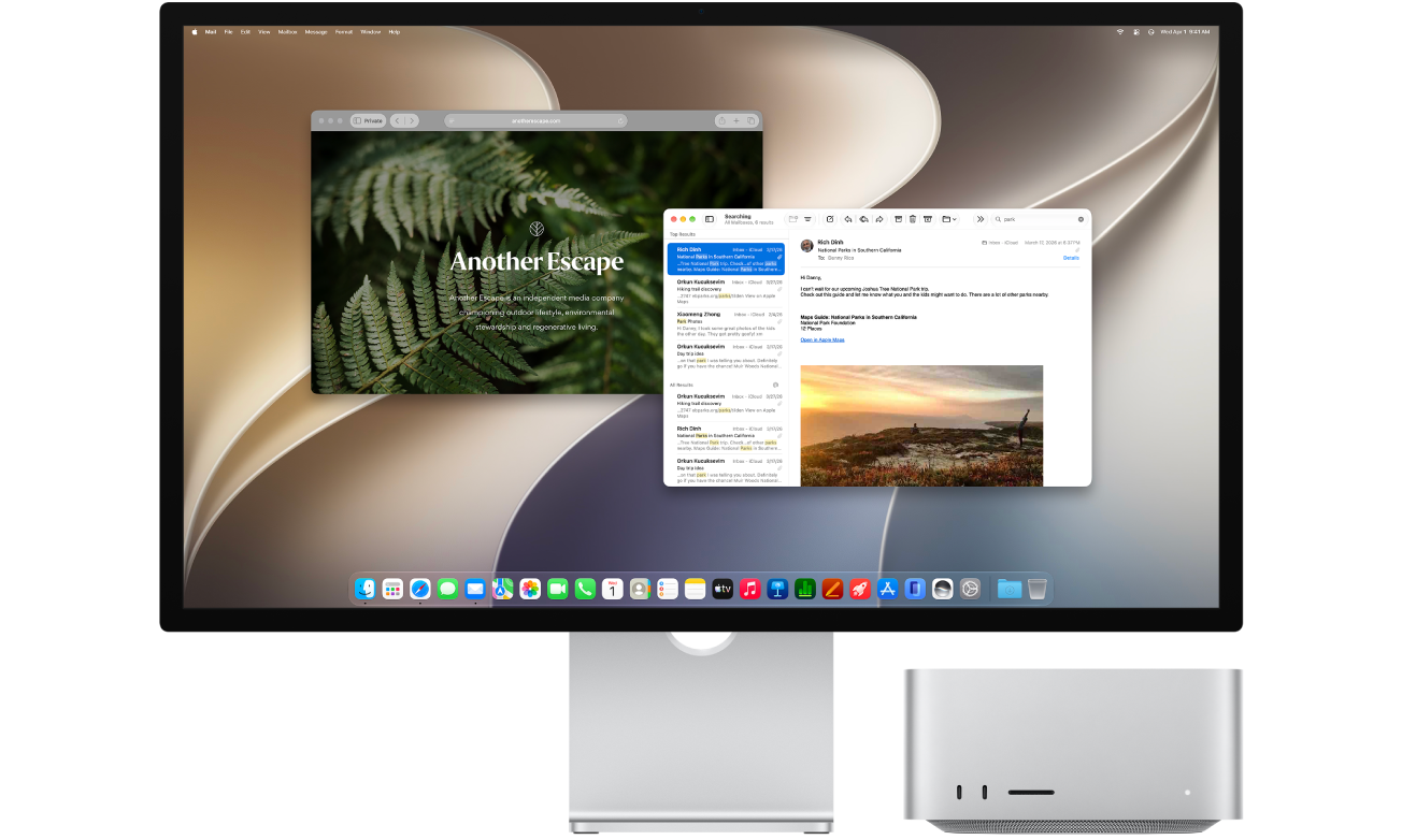 A Mac Studio next to a display. The display has a Mail app window and a Safari app window open. 