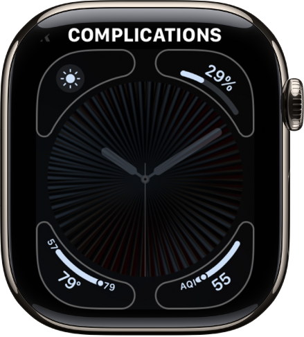 The screen for customizing the watch face. The battery percentage complication is in the top-right corner.