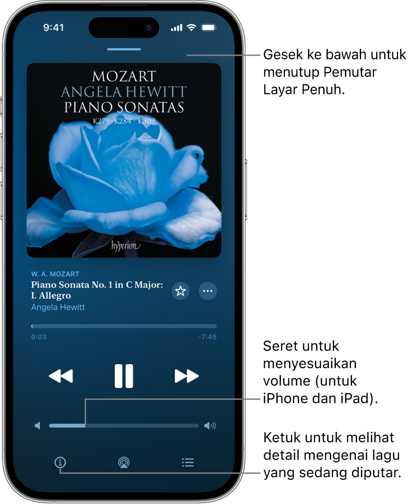 iPhone menampilkan layar Now Playing di Apple Music Classical. Di bagian atas layar terdapat bar abu-abu yang dapat Anda ketuk untuk menyembunyikan layar Now Playing dan beralih kembali ke MiniPlayer. Di bawah bar terdapat gambar album, nama karya, dan garis waktu, yang menampilkan durasi track dan jumlah waktu yang telah berlalu. Di bagian bawah layar terdapat tombol Lewati Mundur, Jeda, dan Lewati Maju, kontrol volume, dan tombol Info, AirPlay, dan Diputar Berikutnya.