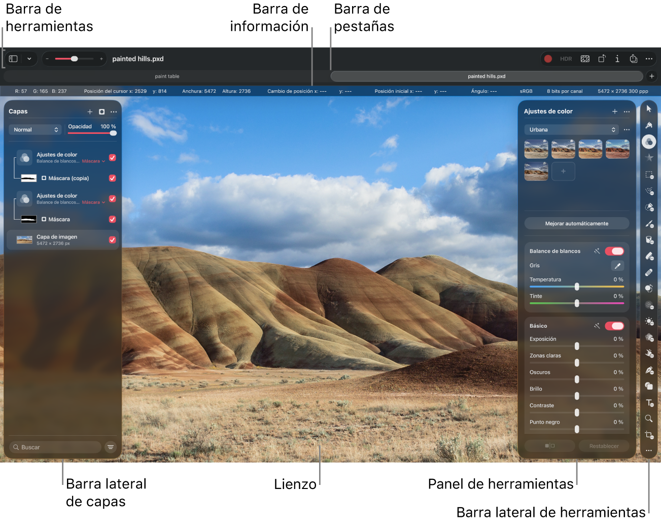 La interfaz de Pixelmator&nbsp;Pro