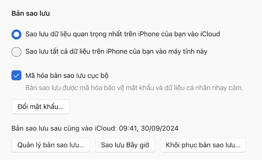Tùy chọn sao lưu dữ liệu từ thiết bị đang hiển thị hai nút để chọn sao lưu vào iCloud hoặc vào thiết bị Windows, hộp kiểm “Mã hóa bản sao lưu cục bộ” để mã hóa dữ liệu sao lưu và các nút khác để quản lý bản sao lưu, khôi phục từ bản sao lưu và bắt đầu bản sao lưu.