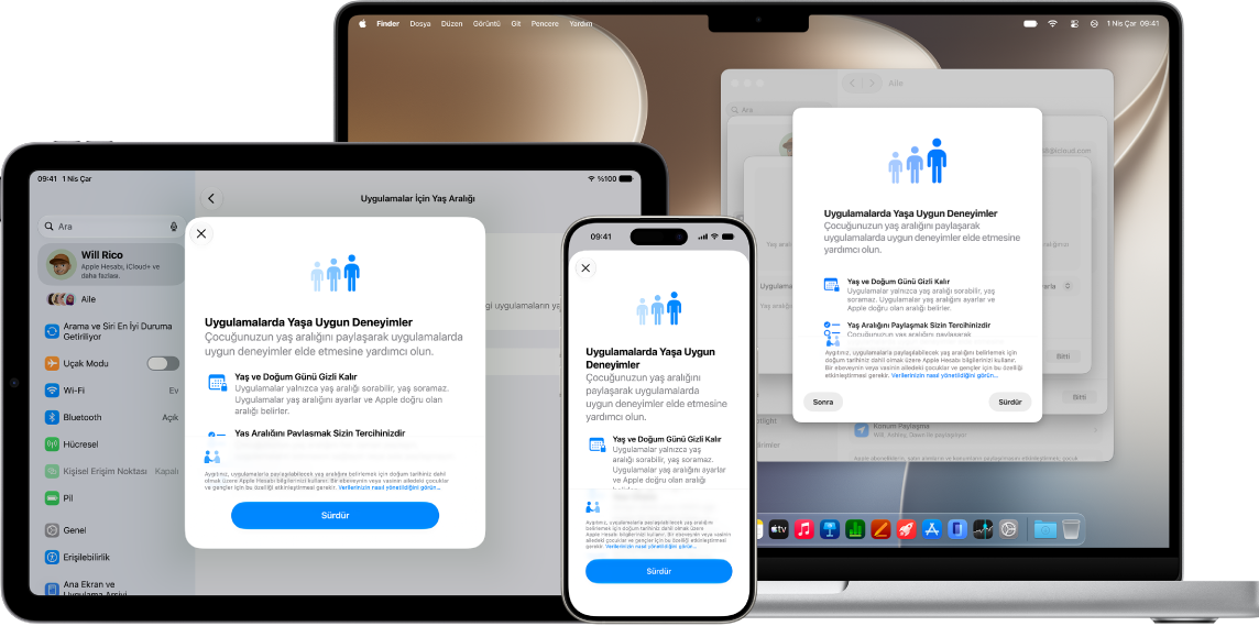 iPhone, iPad ve Mac’te Uygulamalarla Yaş Sınırlarını Paylaşma ayarlama ekranları.