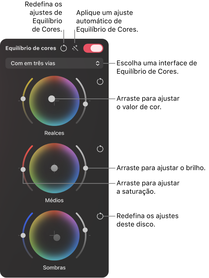 A interface tríplice do ajuste Equilíbrio de Cores para equilibrar as cores de uma imagem.