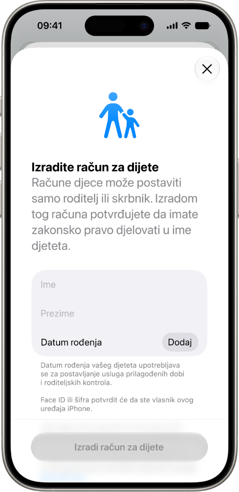 Zaslon Izradi račun za dijete prikazuje opcije za dodavanje imena, prezimena i datuma rođenja.