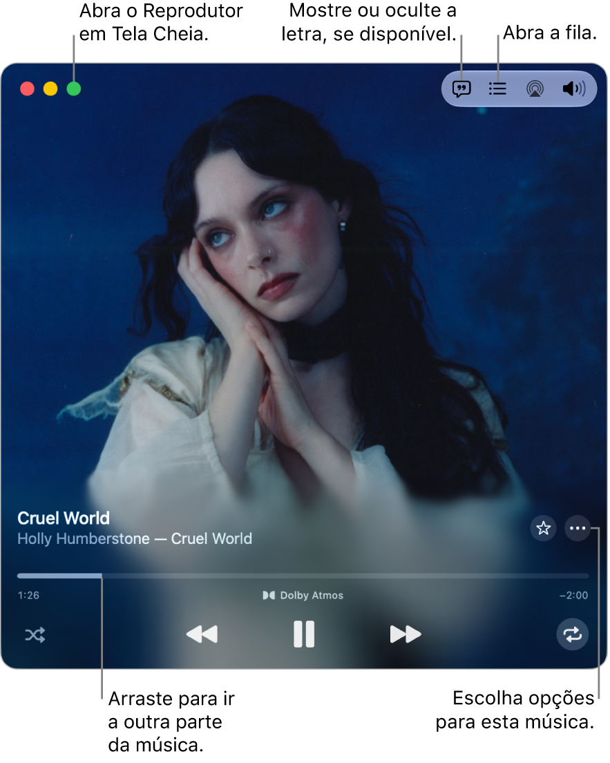 Minirreprodutor expandido exibindo os controles da música em reprodução. No canto superior esquerdo estão os controles da janela usados para abrir e fechar o Reprodutor em Tela Cheia. A parte principal da janela mostra a capa do álbum da música em reprodução. Abaixo da capa há um controle deslizante para ir para uma parte diferente da música. Os botões para ajustar o volume, mostrar letras e abrir a fila estão na parte superior.