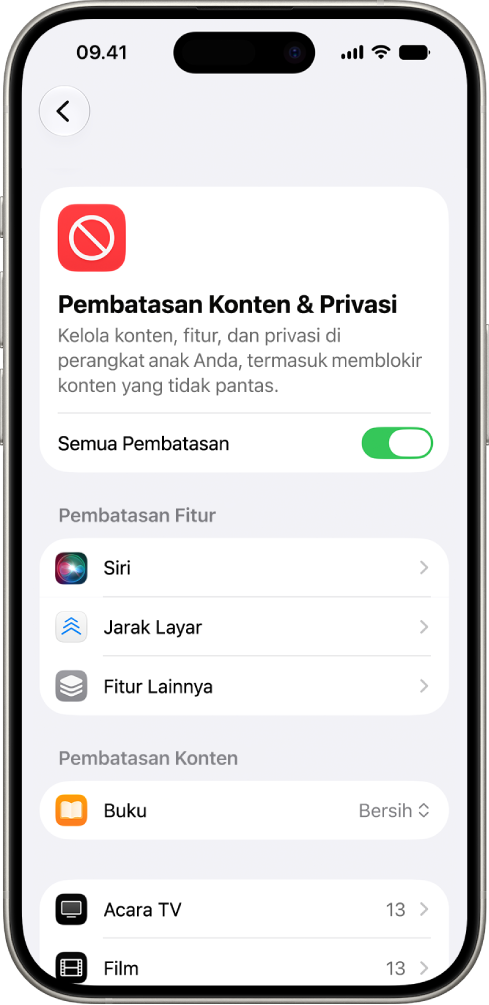 Layar Pembatasan Konten dan Privasi di Durasi Layar yang menampilkan pilihan untuk Pembatasan Fitur dan Konten.