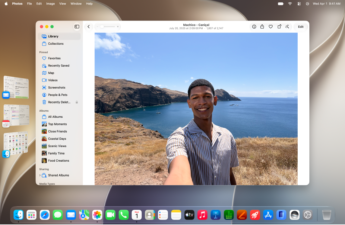 A desktop showing Stage Manager with three apps in the list of recently used apps on the left side of the screen and one app window in the center of the screen.