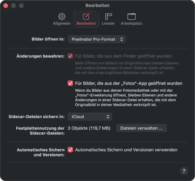 Der Einstellungsbereich „Bearbeiten“.