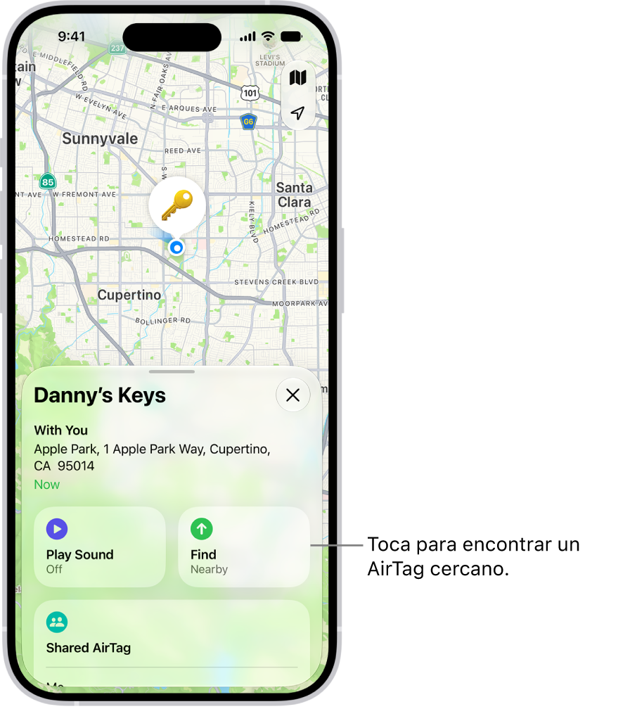 La app Encontrar abierta, mostrando las llaves de Dani en el bosque de Chapultepec. Toca el botón Buscar para localizar un AirTag cercano.