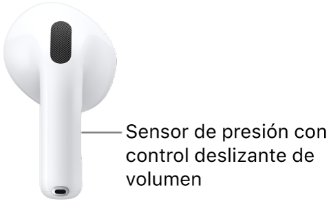 Ubicación del sensor de presión con control deslizante de volumen en los AirPods&nbsp;5 con estuche de carga inalámbrica, a lo largo de la parte alargada de cada uno de los AirPods.